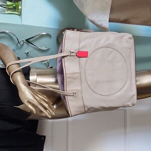 Coach Laura Signature Embossed Large Taupe Beige Tan Leather Tote Bag Purse